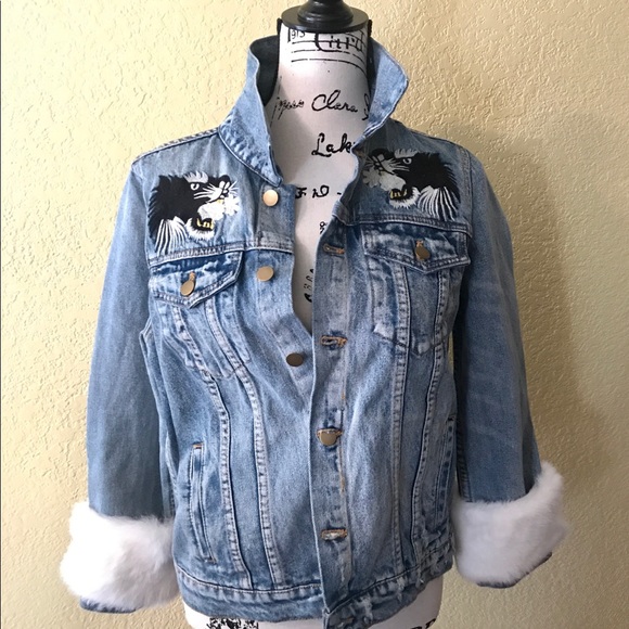 PAM & GELA Denim Jacket w/Genuine Rabbit Fur Trim - Picture 2 of 4